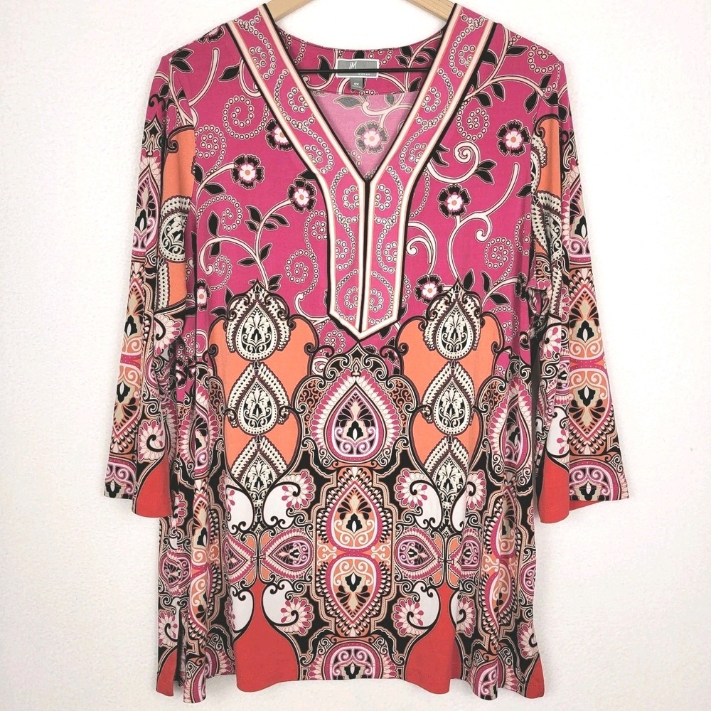 JM Collection Women's Tunic Top 0X Pink Paisley Beaded Boho‎ Glam Whimsical